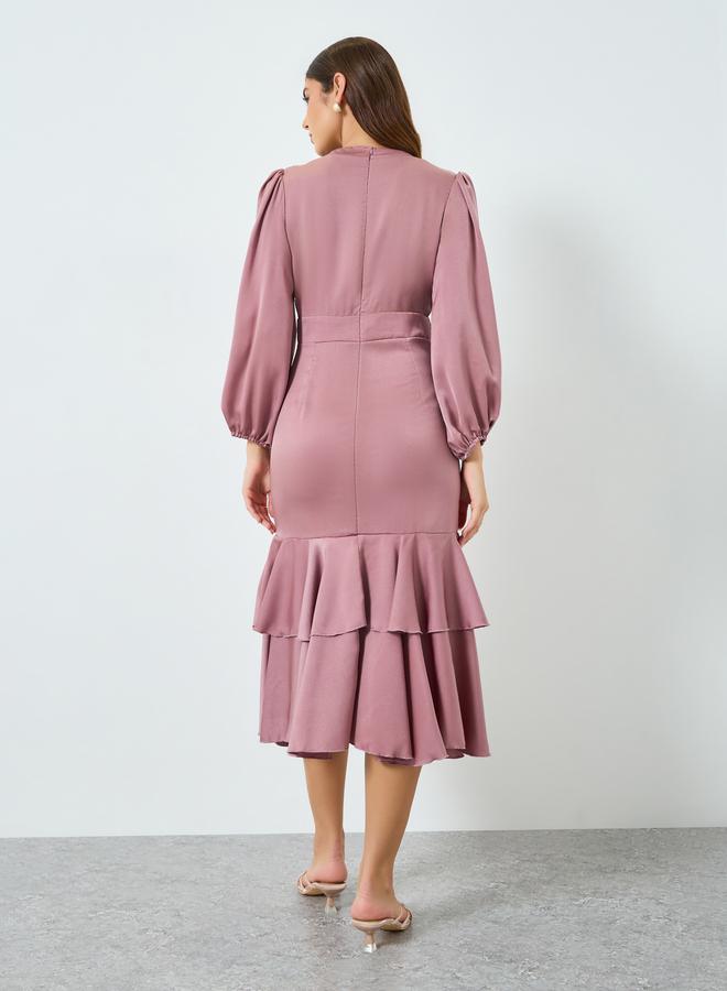 ستايلي فستان ميدي ساتان بحاشية كشكش - Image 5